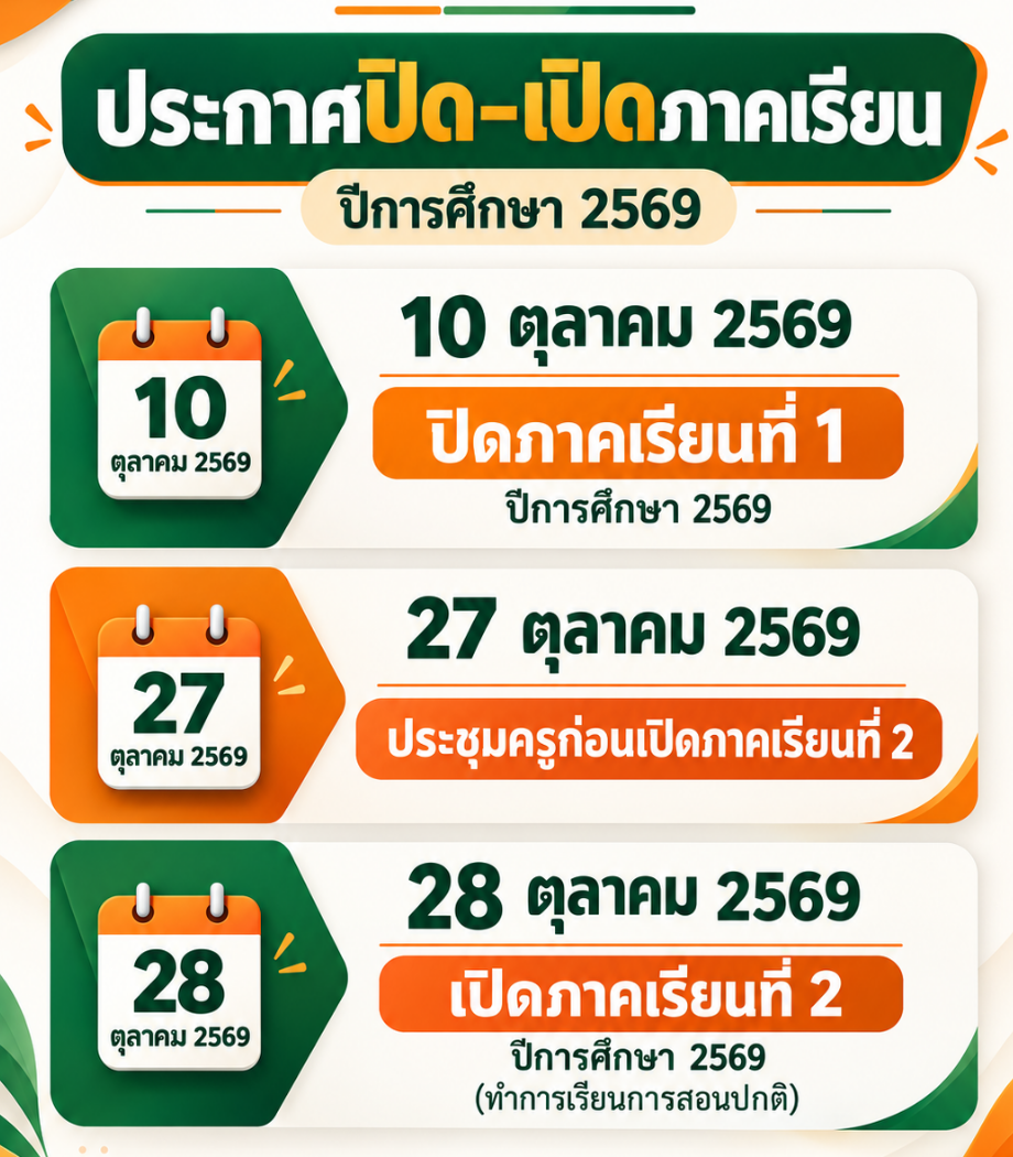 ประกาศปิดภาคเรียนที่ 1 และเปิดภาคเรียนที่ 2 ประจำปีการศึกษา 2569