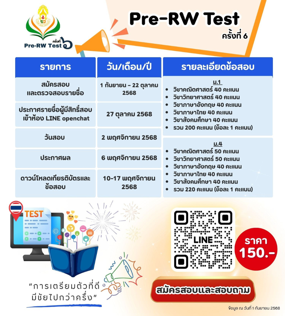 โครงการทดสอบวัดความรู้ Pre-RW Test ครั้งที่ 6 ปีการศึกษา 2569